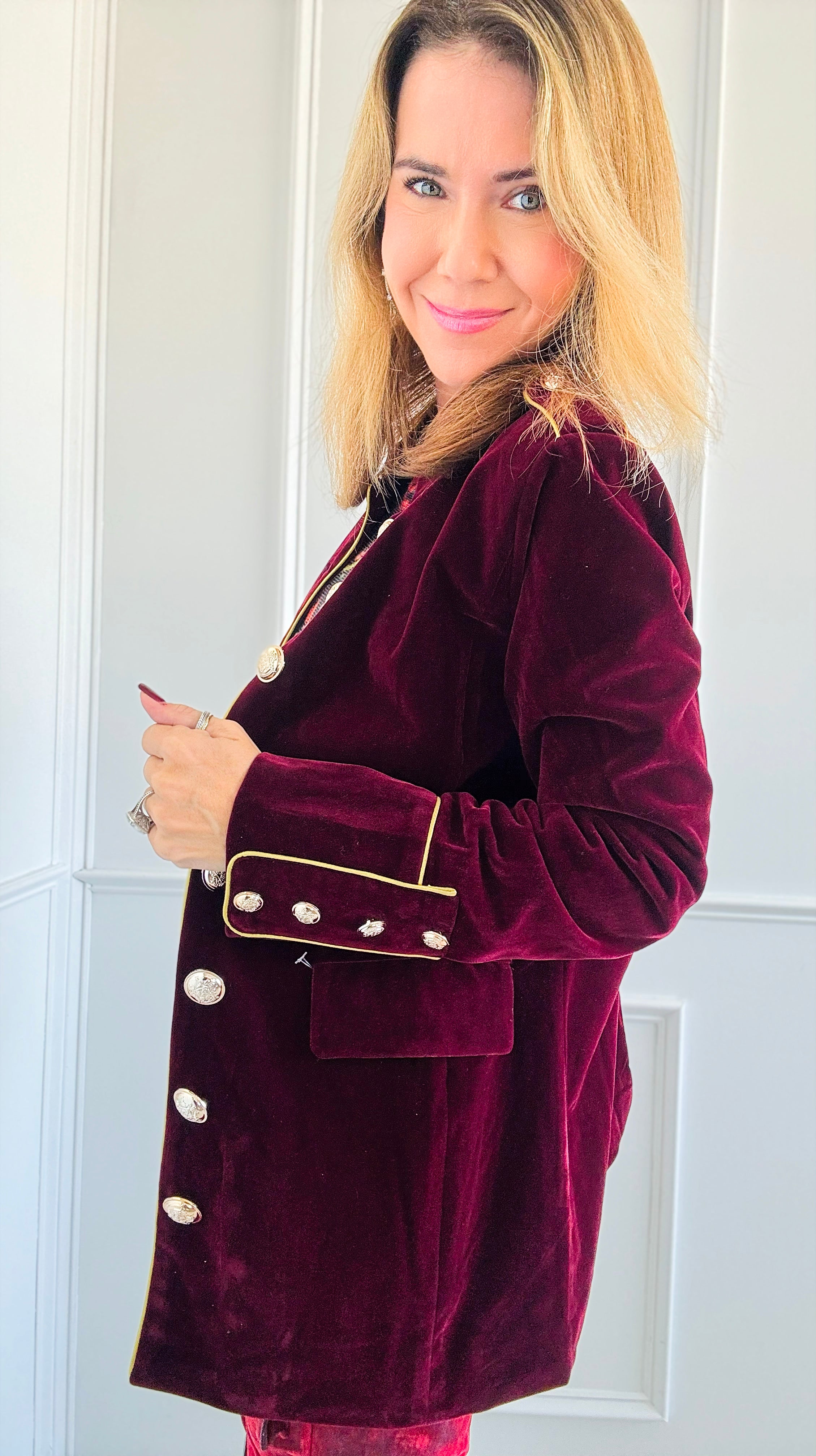 Majestic Velvet Military Blazer - Claret-160 Jackets-Cezele-Coastal Bloom Boutique, find the trendiest versions of the popular styles and looks Located in Indialantic, FL