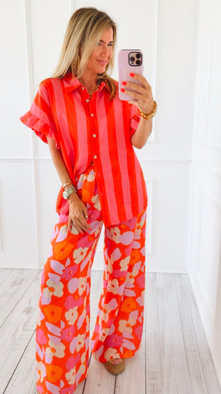 Ruffle Me Up Italian Button Top- Orange/Pink