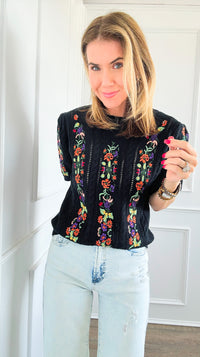 Embroidered Short-Sleeved Crew Neck Sweater - Black-140 Sweaters-BIBI-Coastal Bloom Boutique, find the trendiest versions of the popular styles and looks Located in Indialantic, FL