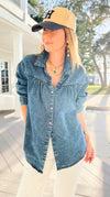 Gathered Detail Acid Wash Denim Blouse-110 Long Sleeve Tops-sew in love-Coastal Bloom Boutique, find the trendiest versions of the popular styles and looks Located in Indialantic, FL