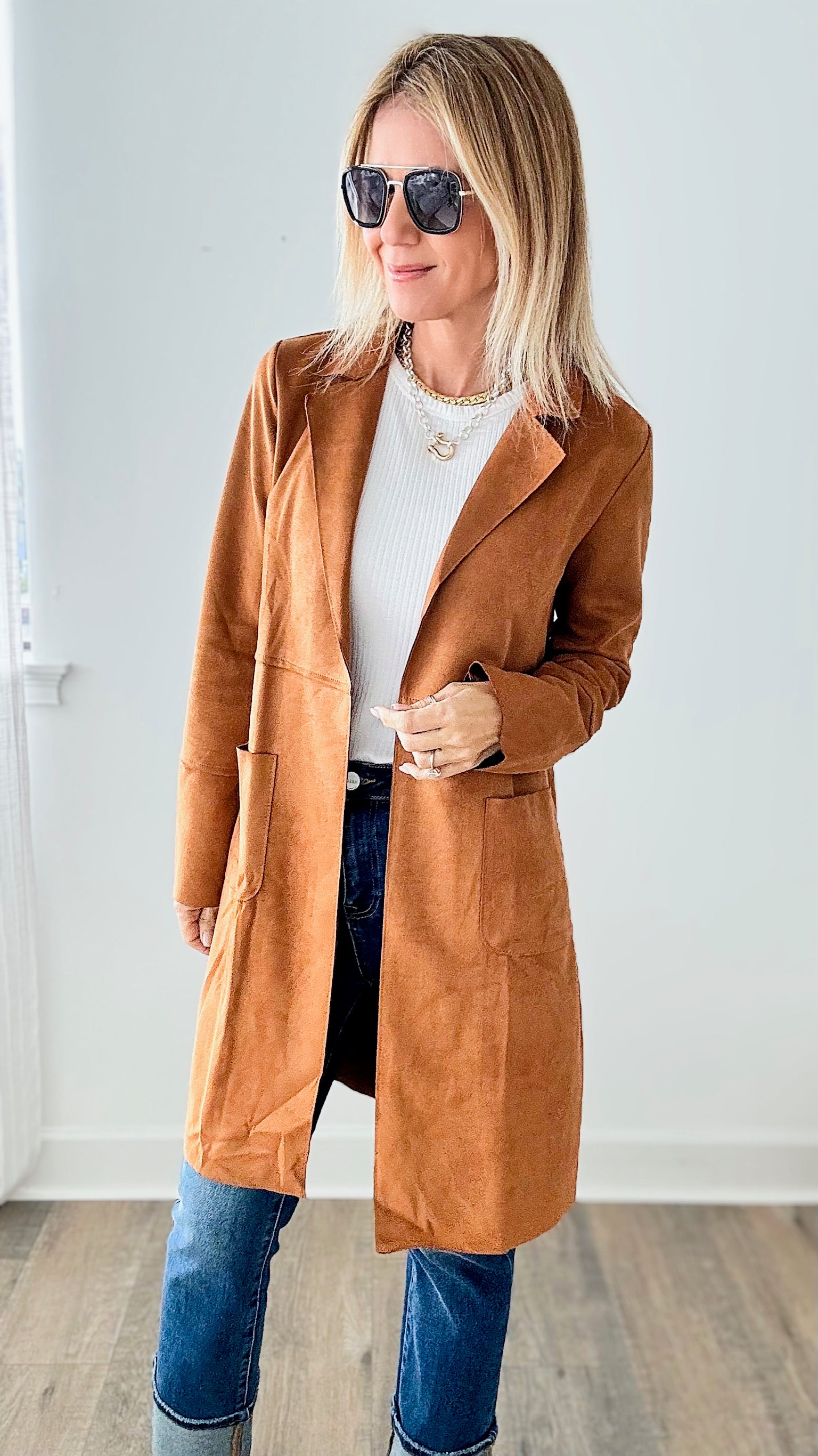 Faux Suede Mid Length Everyday Coat - Camel-160 Jackets-VENTI6 OUTLET-Coastal Bloom Boutique, find the trendiest versions of the popular styles and looks Located in Indialantic, FL