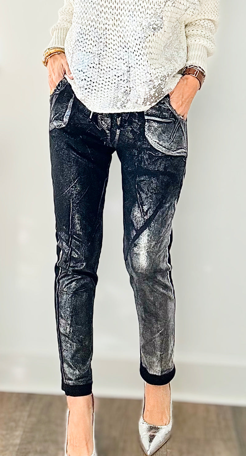 Glistening Italian Joggers - Black/Silver-180 Joggers-Germany-Coastal Bloom Boutique, find the trendiest versions of the popular styles and looks Located in Indialantic, FL