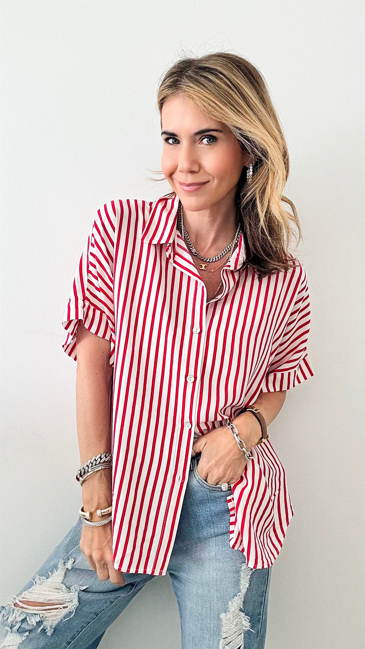 Clean Lines Italian Blouse - Red-170 Bottoms-Germany-Coastal Bloom Boutique, find the trendiest versions of the popular styles and looks Located in Indialantic, FL