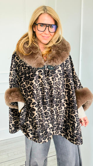 Faux Fur Collar & Cuff Poncho - Leopard