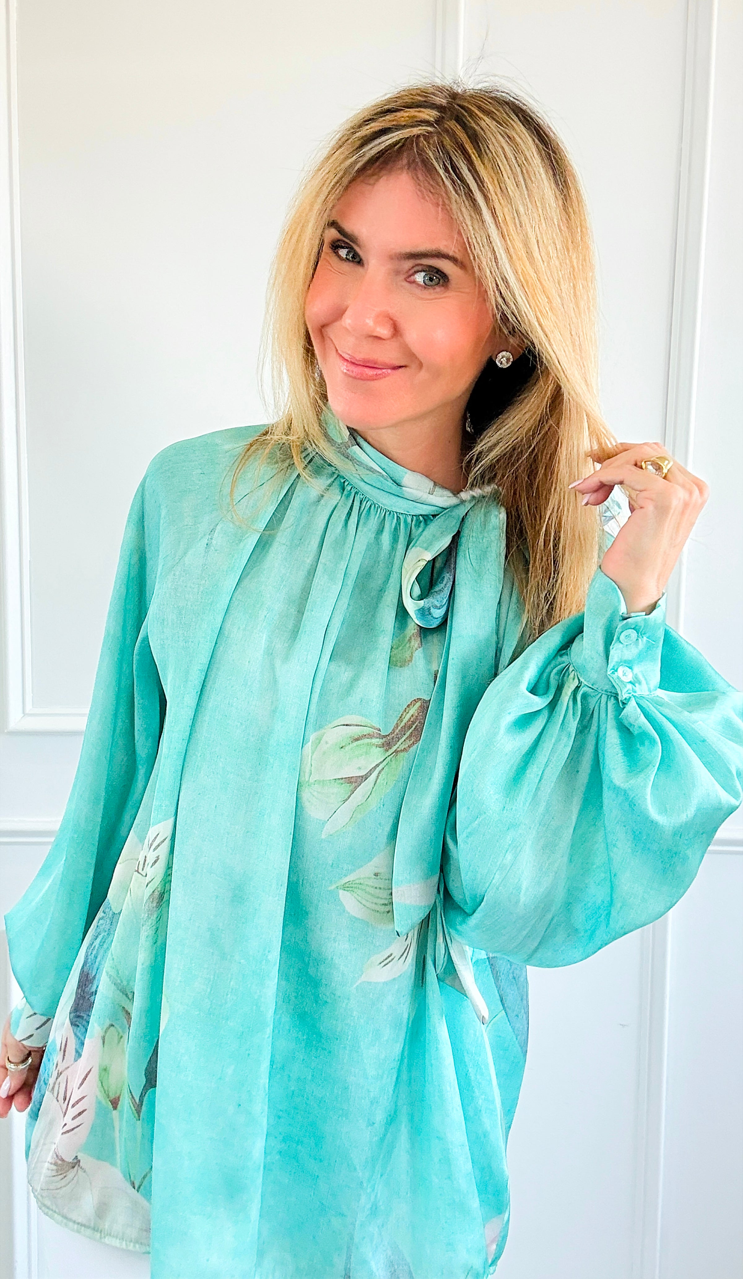 Blooming Tie Neck Button Italian Top