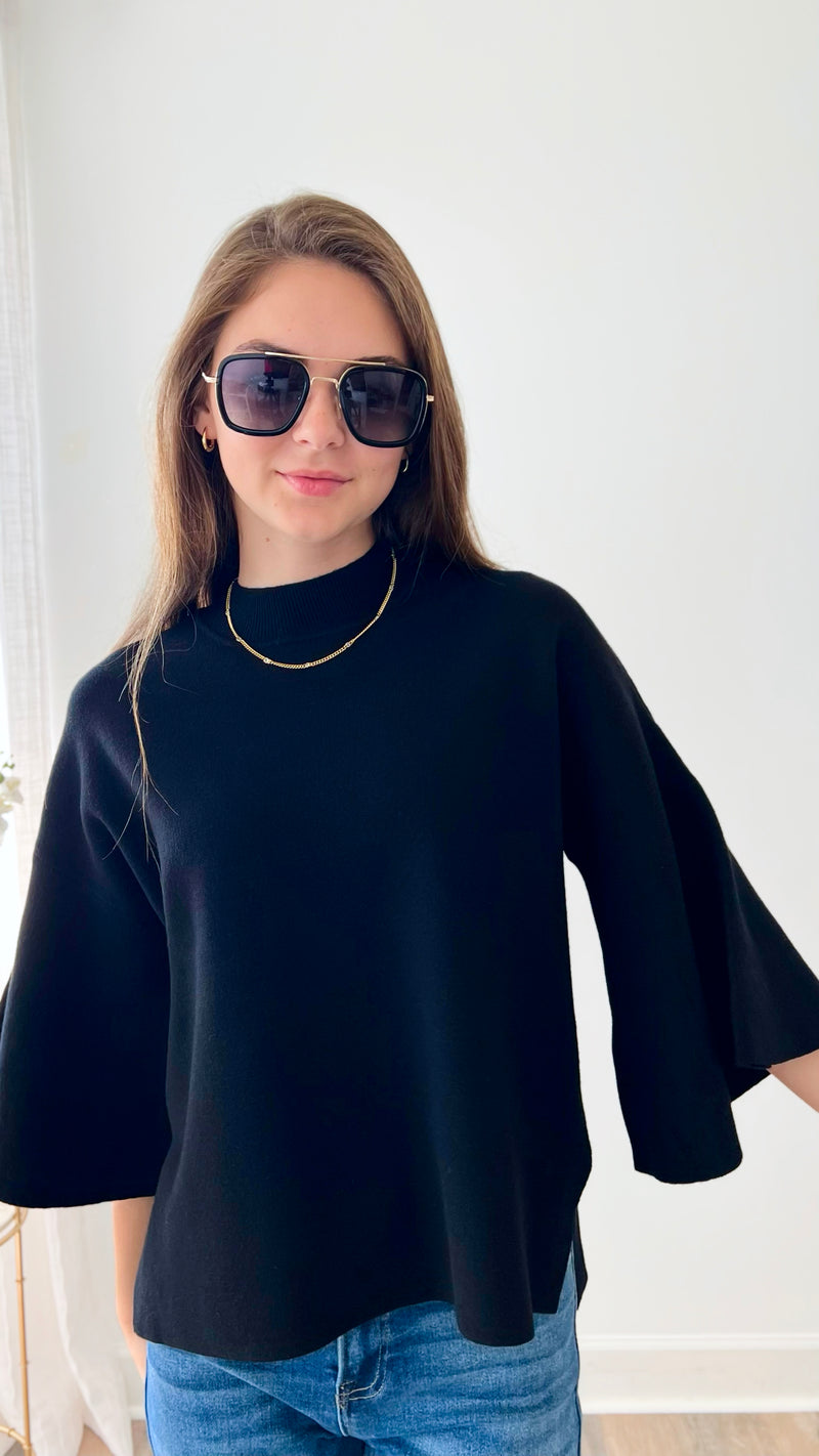 Bell Sleeve Sweater- Black-140 Sweaters-Zenana-Coastal Bloom Boutique, find the trendiest versions of the popular styles and looks Located in Indialantic, FL