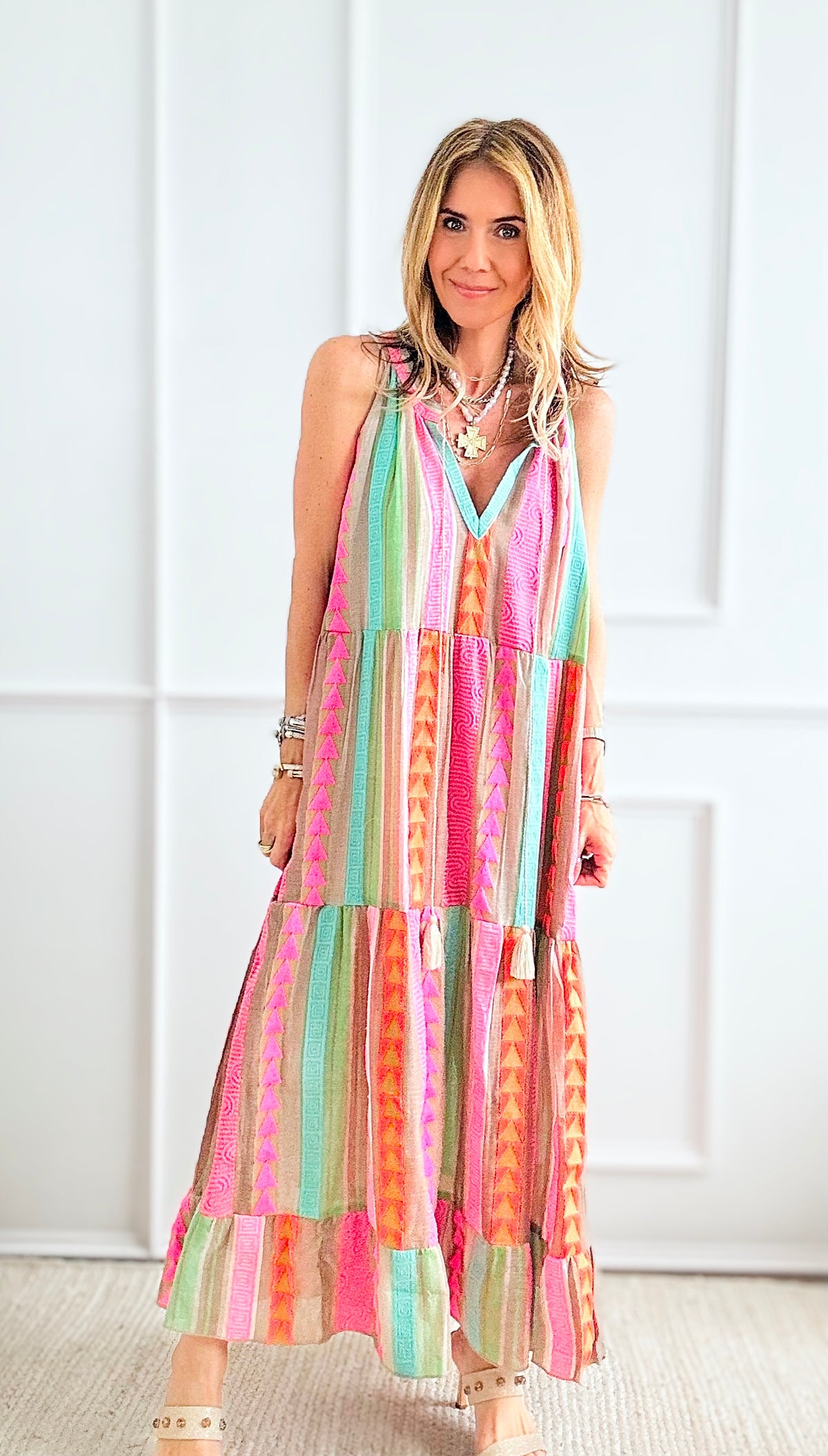 Aztec Print Maxi Italian Tank Dress - Pink-200 dresses/jumpsuits/rompers-Germany-Coastal Bloom Boutique, find the trendiest versions of the popular styles and looks Located in Indialantic, FL