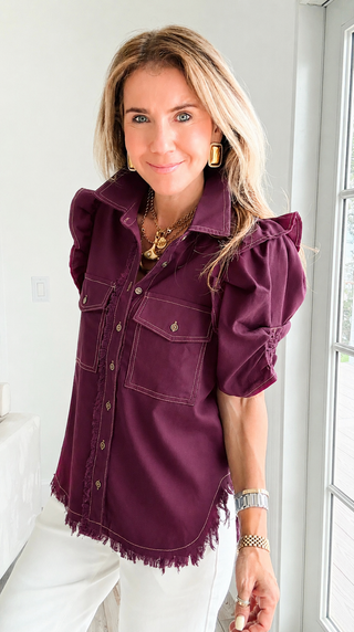 Linen Ruffle Button-Up Shirt - Plum