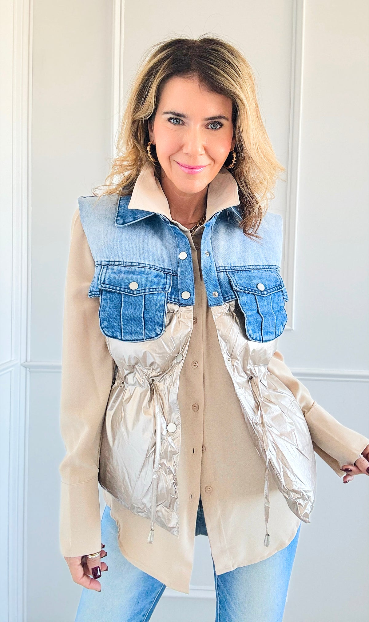 Contrast Denim Puffer Vest - Champange-150 Cardigans/Layers-Rousseau-Coastal Bloom Boutique, find the trendiest versions of the popular styles and looks Located in Indialantic, FL