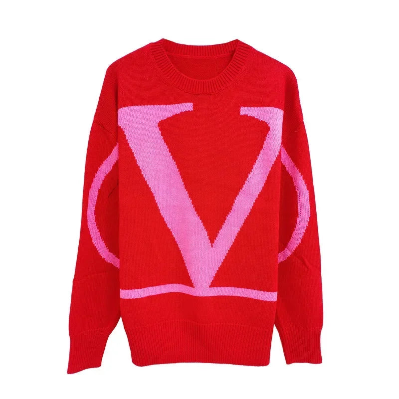 V Letter Round Neck Knit Sweater-140 Sweaters-CBALY-Coastal Bloom Boutique, find the trendiest versions of the popular styles and looks Located in Indialantic, FL