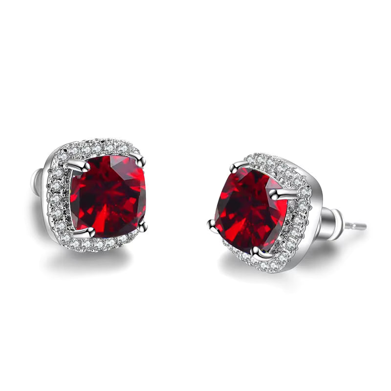 Cz Halo Red Cushion Stud Earring
