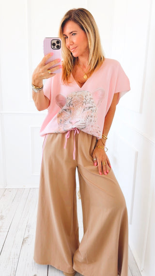 On Track Italian Wide Sweatpants- Camel/ Pink