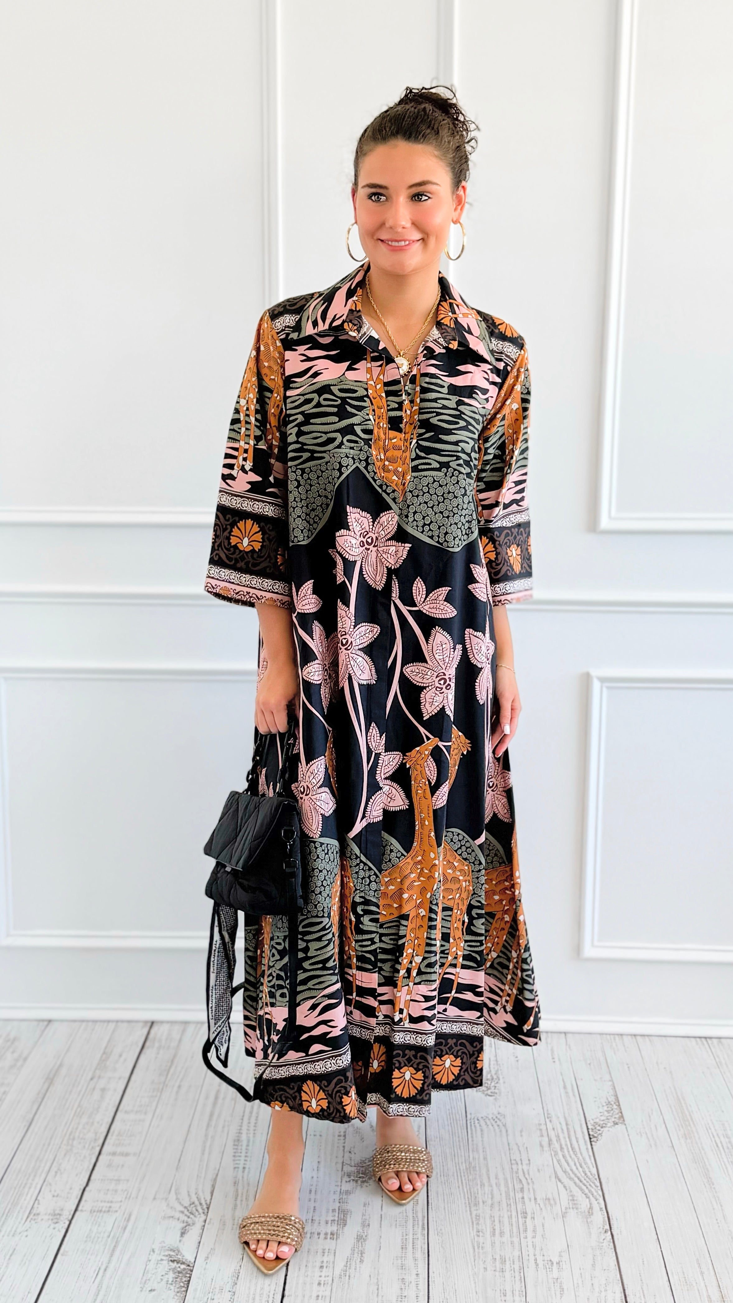 Safari Luxe Botanical Italian Long Dress-200 Dresses/Jumpsuits/Rompers-AZUL MONACO-Coastal Bloom Boutique, find the trendiest versions of the popular styles and looks Located in Indialantic, FL