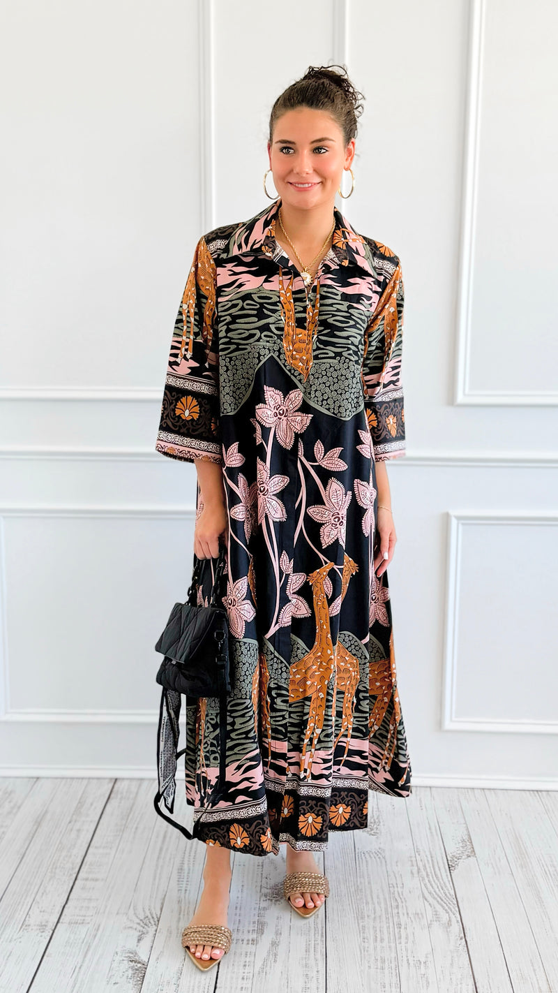 Safari Luxe Botanical Italian Long Dress-200 Dresses/Jumpsuits/Rompers-AZUL MONACO-Coastal Bloom Boutique, find the trendiest versions of the popular styles and looks Located in Indialantic, FL
