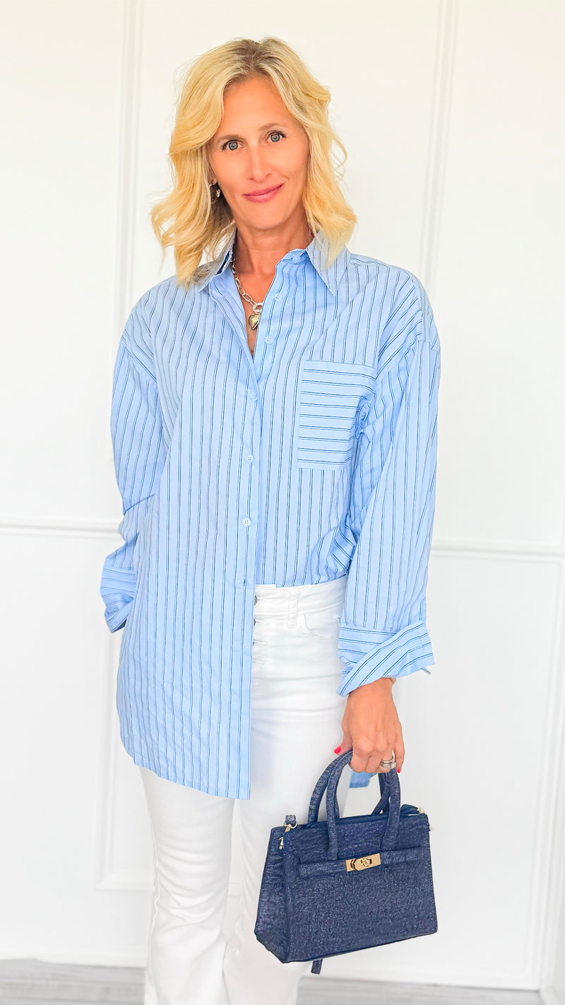 Line Up Relaxed Italian Tunic- Sky Blue-110 Long Sleeve Tops-SEE YOU IN ROME-Coastal Bloom Boutique, find the trendiest versions of the popular styles and looks Located in Indialantic, FL