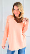 Vintage Terry Italian V-Neck Sweatshirt- Melon-130 Long Sleeve Tops-Italianissimo-Coastal Bloom Boutique, find the trendiest versions of the popular styles and looks Located in Indialantic, FL