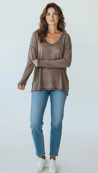 Italian Mineral Wash V-Neck Top-Taupe-110 Long Sleeve Tops-FATTURA ACCOMPAGNATORIA-Coastal Bloom Boutique, find the trendiest versions of the popular styles and looks Located in Indialantic, FL