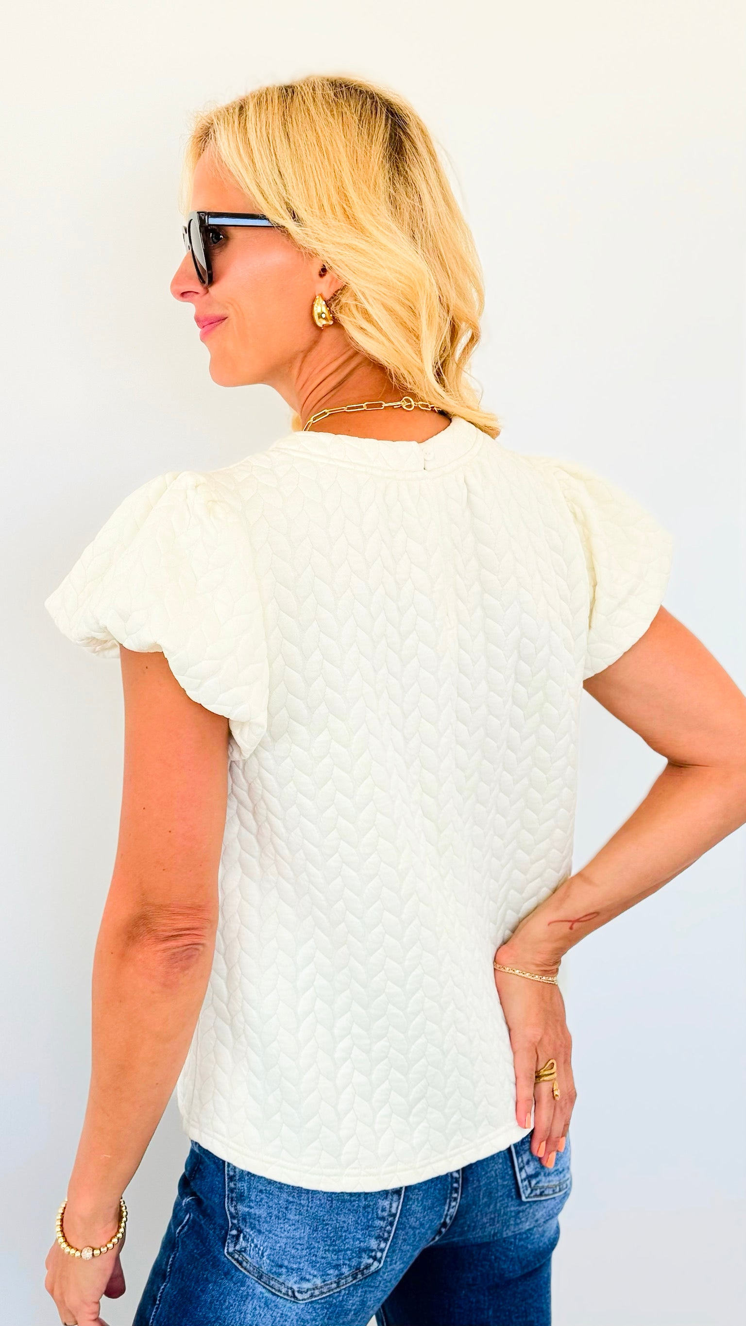 Textured Front Stripped Top - Ivory-110 Short Sleeve Tops-VOY-Coastal Bloom Boutique, find the trendiest versions of the popular styles and looks Located in Indialantic, FL