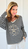 Parisian Stripe V-Neck Top-110 Long Sleeve Tops-VENTI6 OUTLET-Coastal Bloom Boutique, find the trendiest versions of the popular styles and looks Located in Indialantic, FL