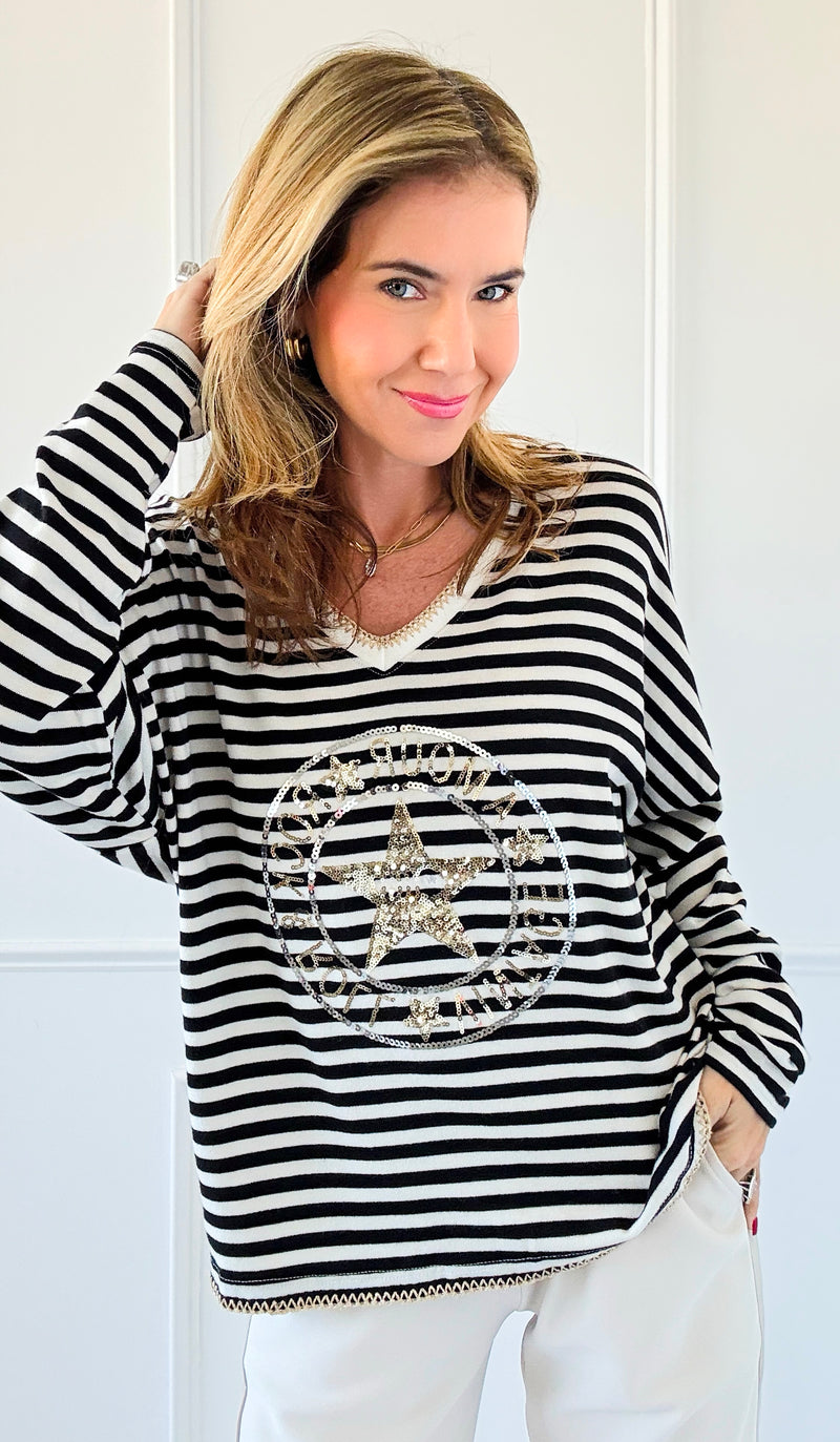 Parisian Stripe V-Neck Top-110 Long Sleeve Tops-VENTI6 OUTLET-Coastal Bloom Boutique, find the trendiest versions of the popular styles and looks Located in Indialantic, FL