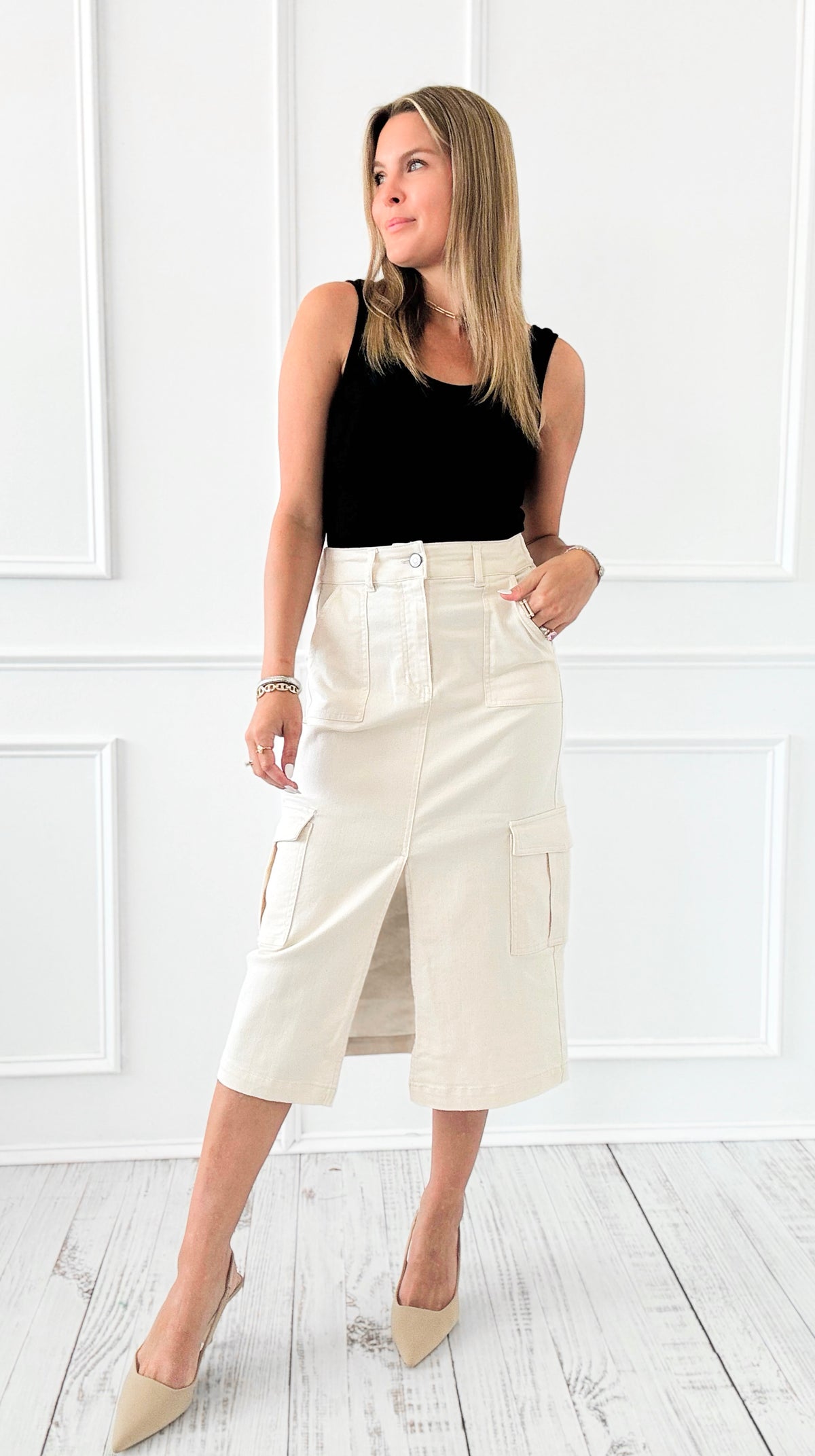 City Escape High Waist Denim Cargo Skirt - Cream-170 bottoms-White Birch-Coastal Bloom Boutique, find the trendiest versions of the popular styles and looks Located in Indialantic, FL