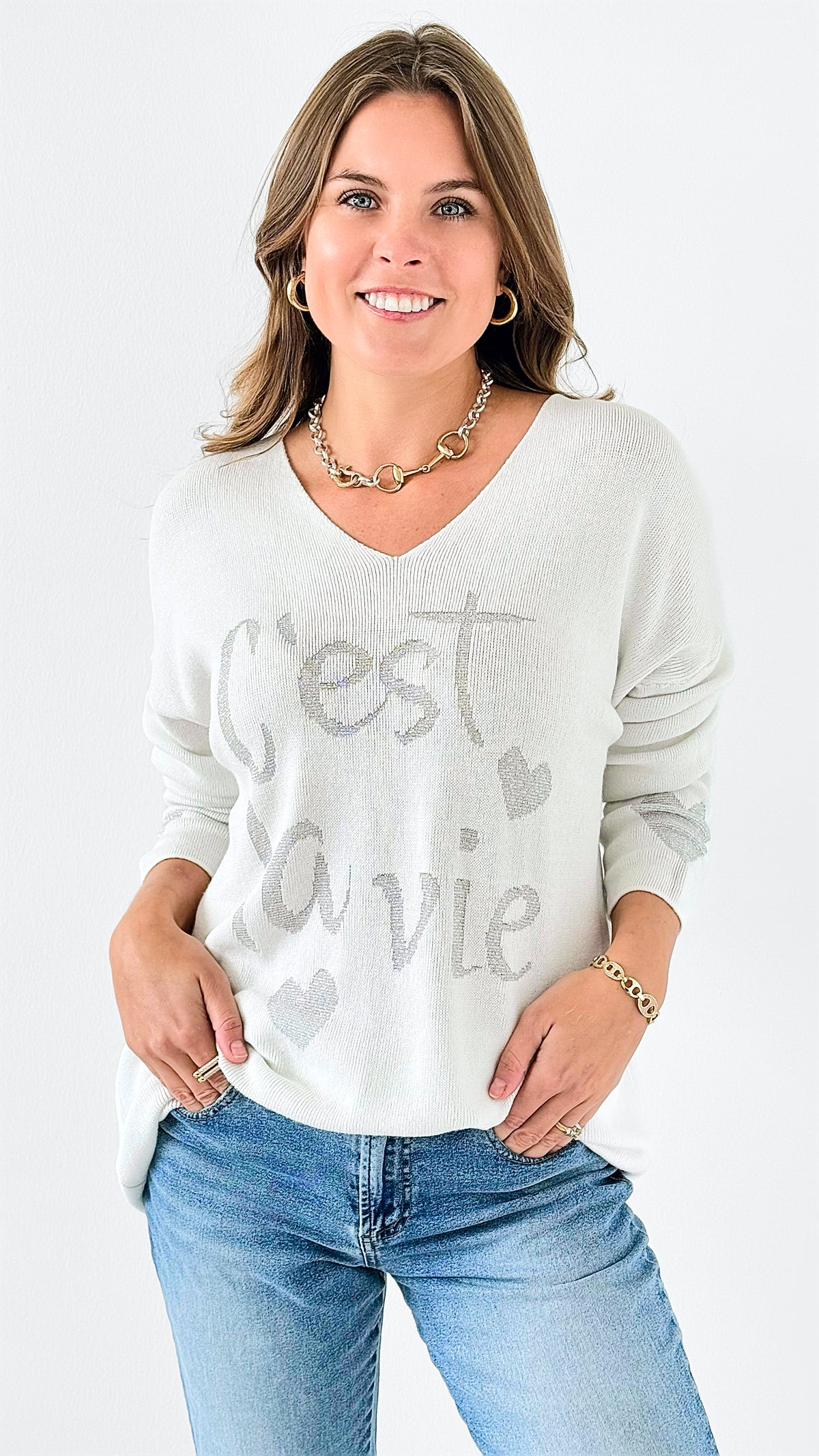 Parisian Love Knit Sweater-140 Sweaters-VENTI6 OUTLET-Coastal Bloom Boutique, find the trendiest versions of the popular styles and looks Located in Indialantic, FL