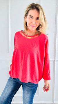 Metallic Foil Detailed Comfort Italian Pullover- Coral/Gold-140 Sweaters-Italianissimo-Coastal Bloom Boutique, find the trendiest versions of the popular styles and looks Located in Indialantic, FL