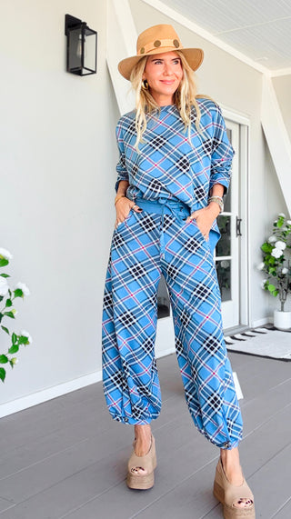 Plaid Cancelled Plans Italian Joggers - Blue