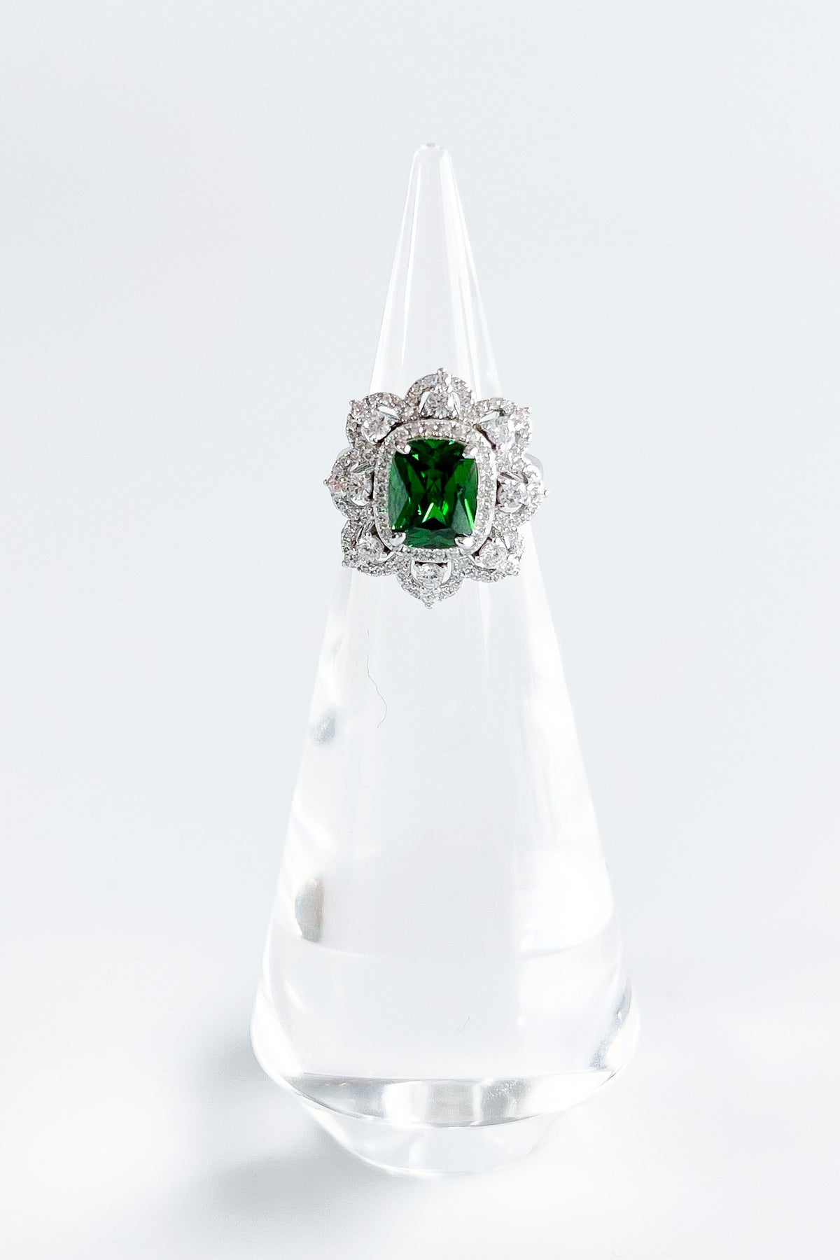 Sterling Silver Queen of Emerald Halo Ring-230 Jewelry-NYC-Coastal Bloom Boutique, find the trendiest versions of the popular styles and looks Located in Indialantic, FL