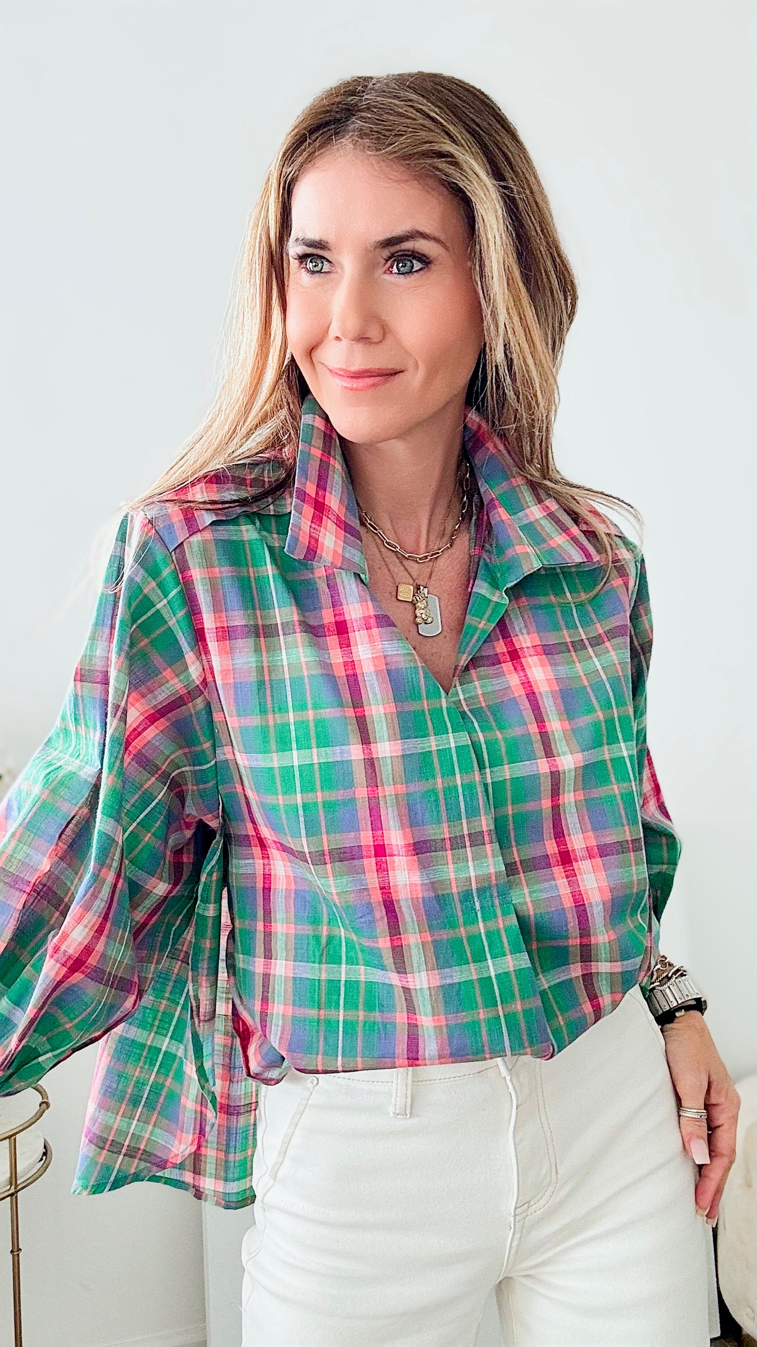 Vintage Plaid Lantern Sleeve Blouse-130 Long Sleeve Tops-BIBI-Coastal Bloom Boutique, find the trendiest versions of the popular styles and looks Located in Indialantic, FL