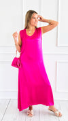 Satin V-Neck Italian Sleeveless Dress- Fuchsia-200 Dresses/Jumpsuits/Rompers-SEPTIMO-Coastal Bloom Boutique, find the trendiest versions of the popular styles and looks Located in Indialantic, FL