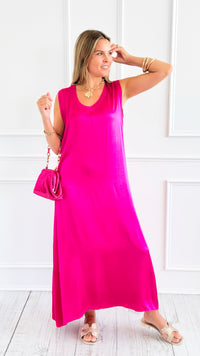 Satin V-Neck Italian Sleeveless Dress- Fuchsia-200 Dresses/Jumpsuits/Rompers-SEPTIMO-Coastal Bloom Boutique, find the trendiest versions of the popular styles and looks Located in Indialantic, FL
