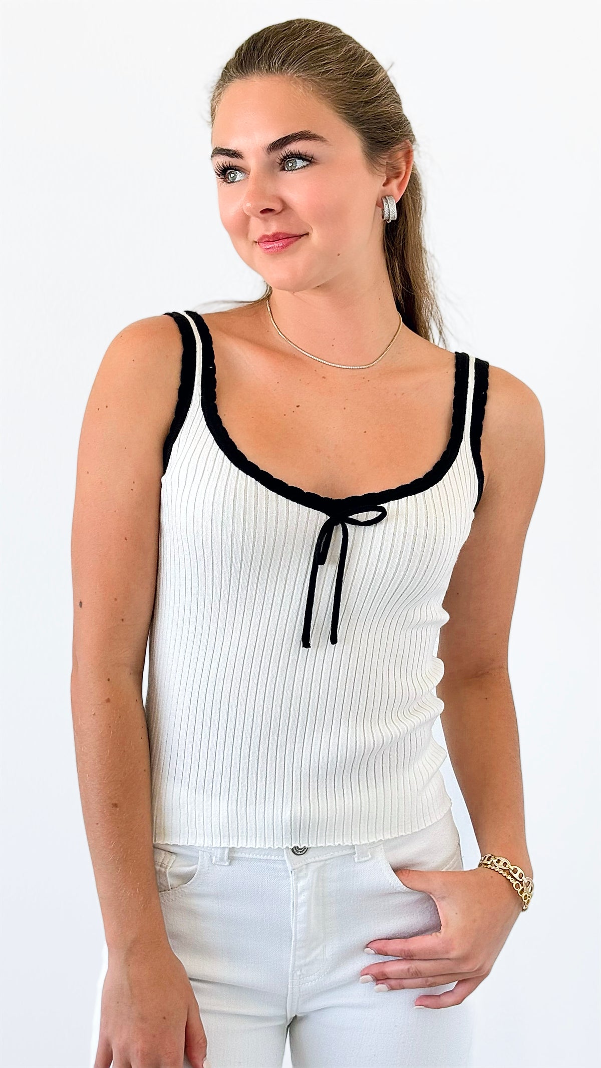 Contrast Trim Ribbon Tank Top-100 Sleeveless Tops-HYFVE-Coastal Bloom Boutique, find the trendiest versions of the popular styles and looks Located in Indialantic, FL