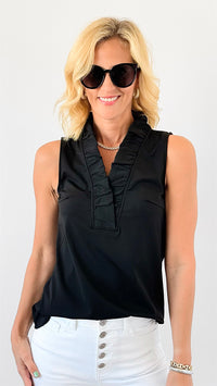 Ruffled V-Neck Sleeveless Top - Black-100 Sleeveless Tops-ARYEH-Coastal Bloom Boutique, find the trendiest versions of the popular styles and looks Located in Indialantic, FL