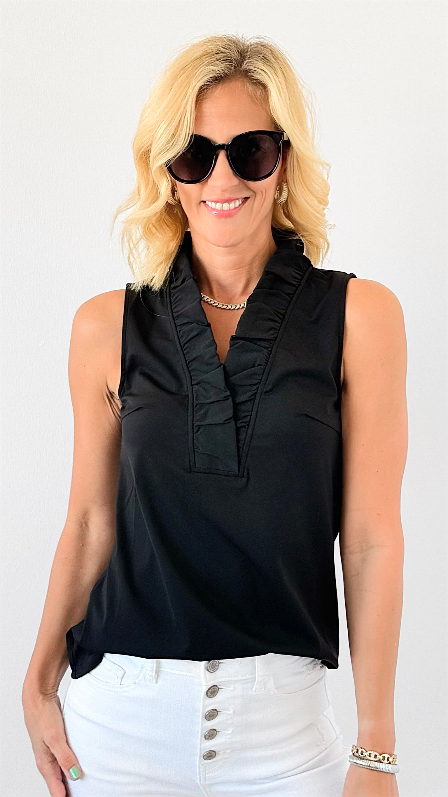 Ruffled V-Neck Sleeveless Top - Black-100 Sleeveless Tops-ARYEH-Coastal Bloom Boutique, find the trendiest versions of the popular styles and looks Located in Indialantic, FL