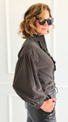 Chic Corduroy Ruffle Neck Italian Button- Down Top- Charcoal-110 Long Sleeve Tops-AZUL MONACO-Coastal Bloom Boutique, find the trendiest versions of the popular styles and looks Located in Indialantic, FL