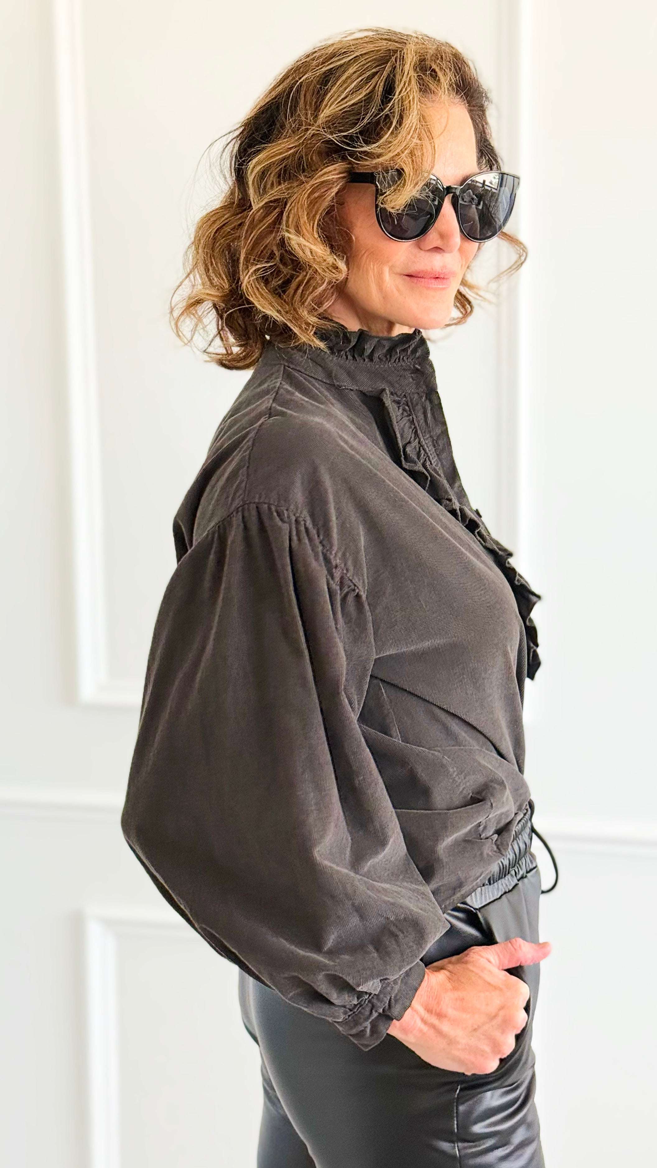 Chic Corduroy Ruffle Neck Italian Button- Down Top- Charcoal-110 Long Sleeve Tops-AZUL MONACO-Coastal Bloom Boutique, find the trendiest versions of the popular styles and looks Located in Indialantic, FL