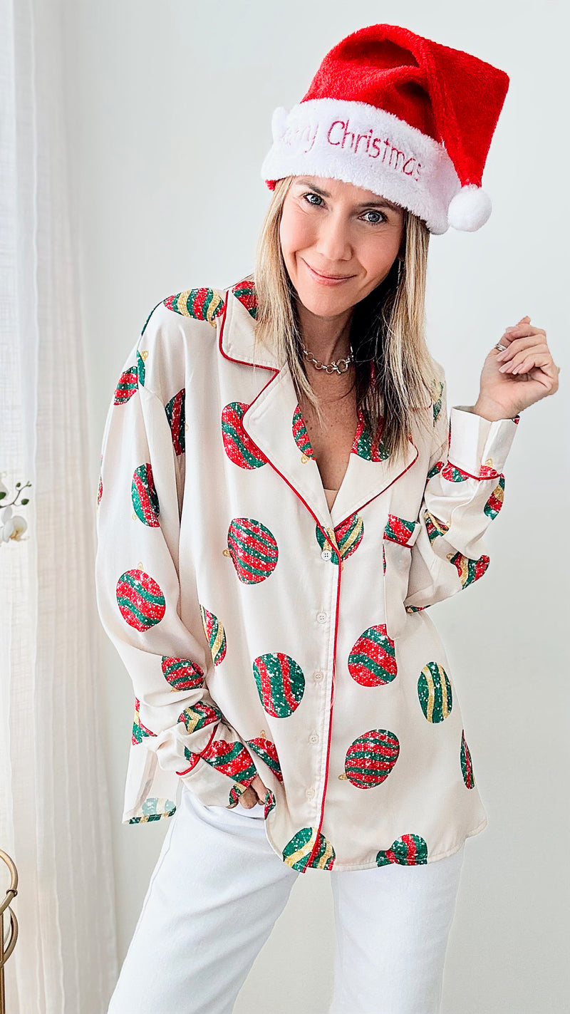 Christmas Ornament Pattern Satin Blouse-220 Intimates-Peach Love California-Coastal Bloom Boutique, find the trendiest versions of the popular styles and looks Located in Indialantic, FL