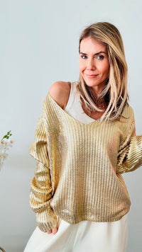 Gilded Metallic Foil Sweater - Gold-140 Sweaters-CBALY-Coastal Bloom Boutique, find the trendiest versions of the popular styles and looks Located in Indialantic, FL