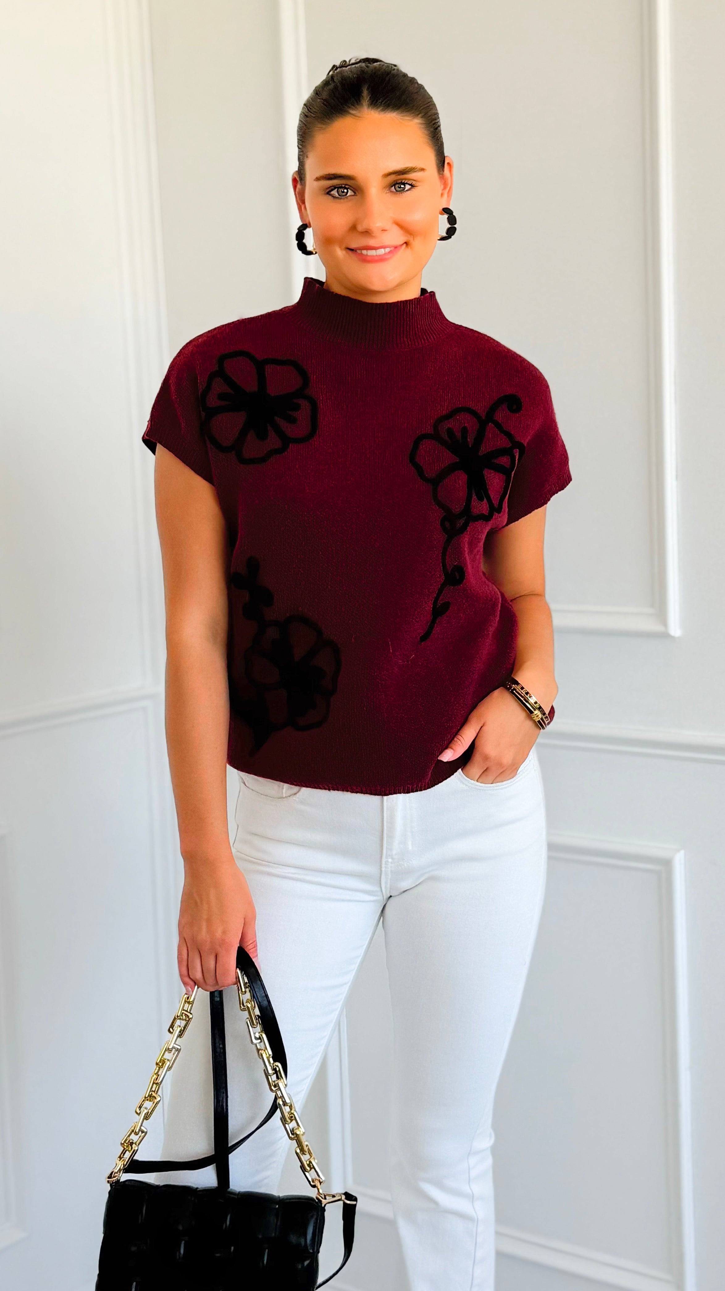 Floral Trim Knit Sleeveless Sweater - Burgundy-140 Sweaters-Blu Pepper-Coastal Bloom Boutique, find the trendiest versions of the popular styles and looks Located in Indialantic, FL