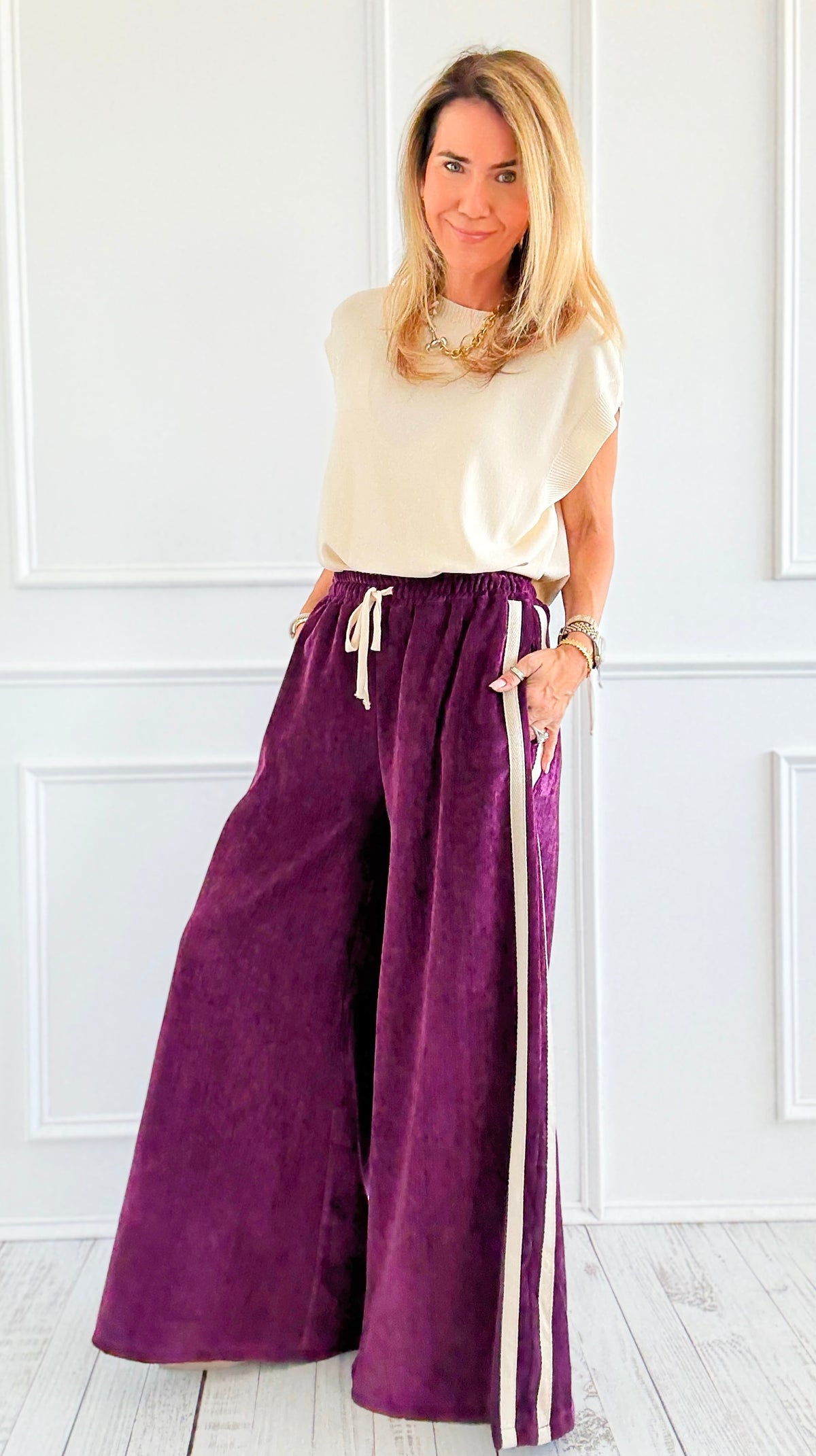 Tracked Threads Italian Palazzo- Plum-100 Pants-AZUL MONACO-Coastal Bloom Boutique, find the trendiest versions of the popular styles and looks Located in Indialantic, FL