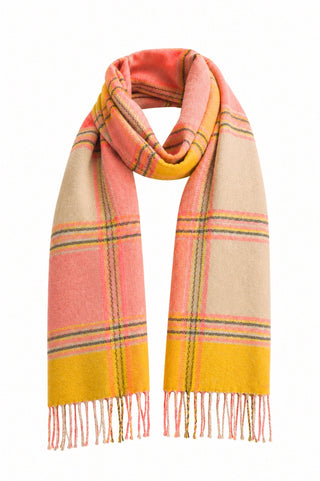 Oversized Plaid Fringe Scarf - Orange/Yellow