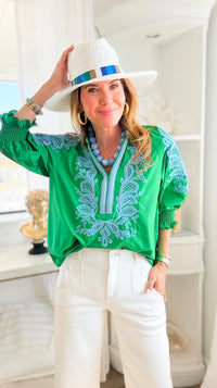 Embroidered Escape V-Neck Top - Green