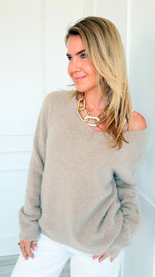 Soft Obsession V-Neck Italian Knit Sweater - Taupe