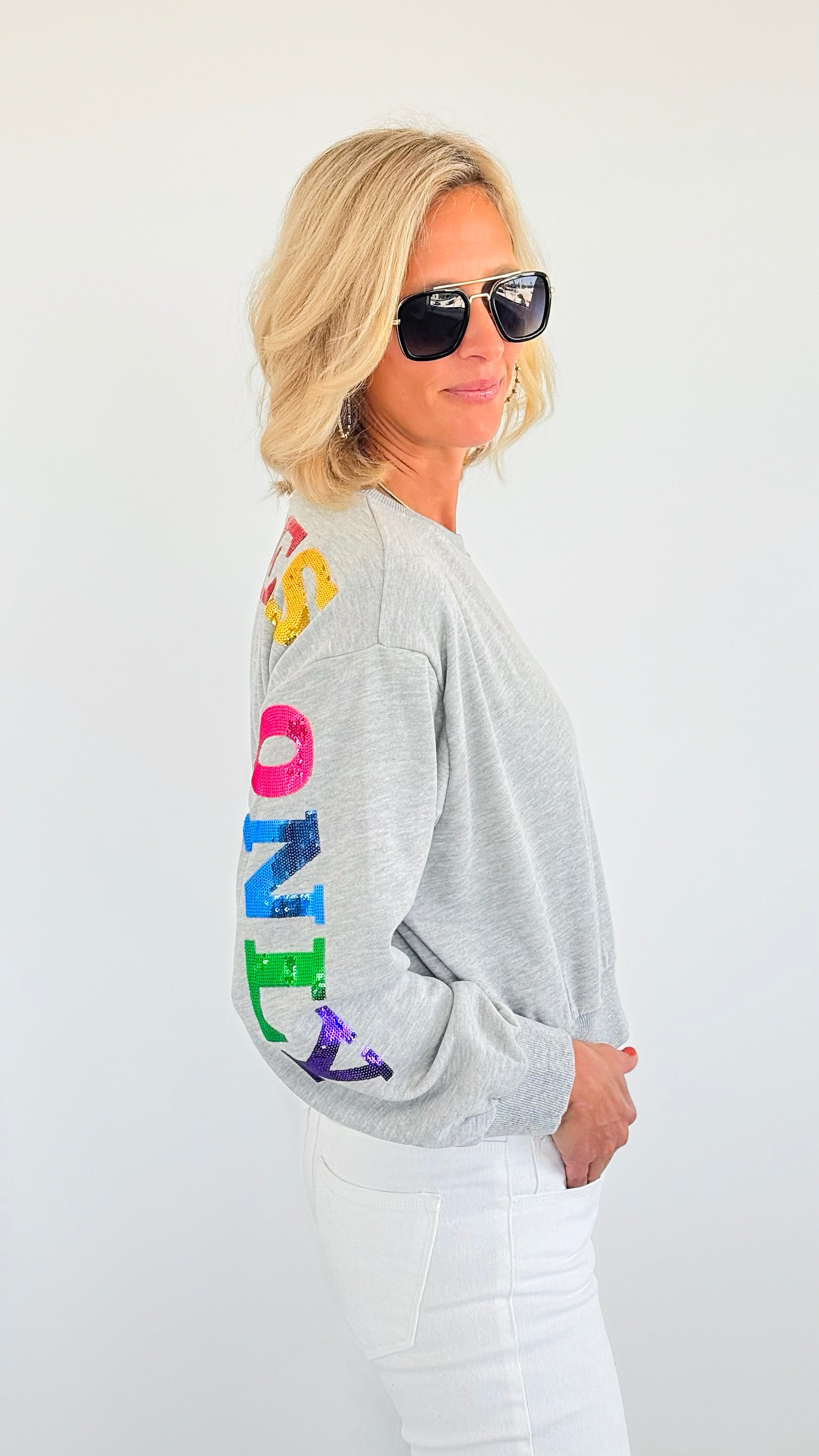 'Good Vibes Only' Pullover Sweater - Grey-140 Sweaters-Rousseau-Coastal Bloom Boutique, find the trendiest versions of the popular styles and looks Located in Indialantic, FL