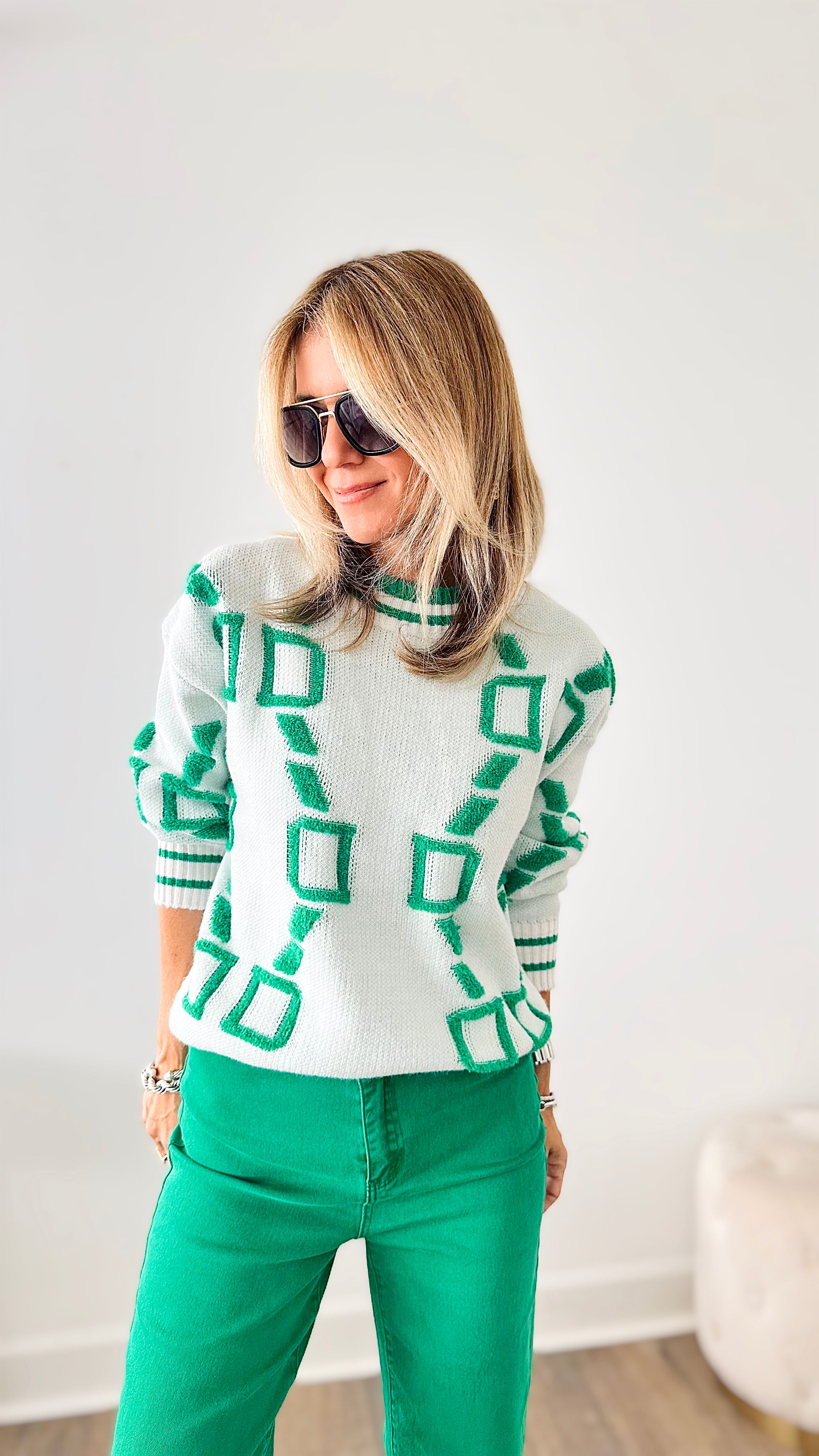 Varsity Crew Neck Sweater - White-130 Long Sleeve Tops-Fancy Dream-Coastal Bloom Boutique, find the trendiest versions of the popular styles and looks Located in Indialantic, FL