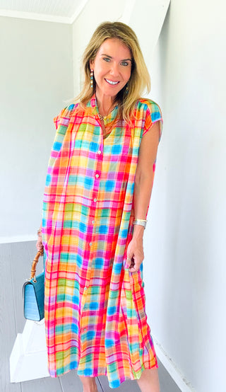 Rainbow Plaid Italian Button Dress