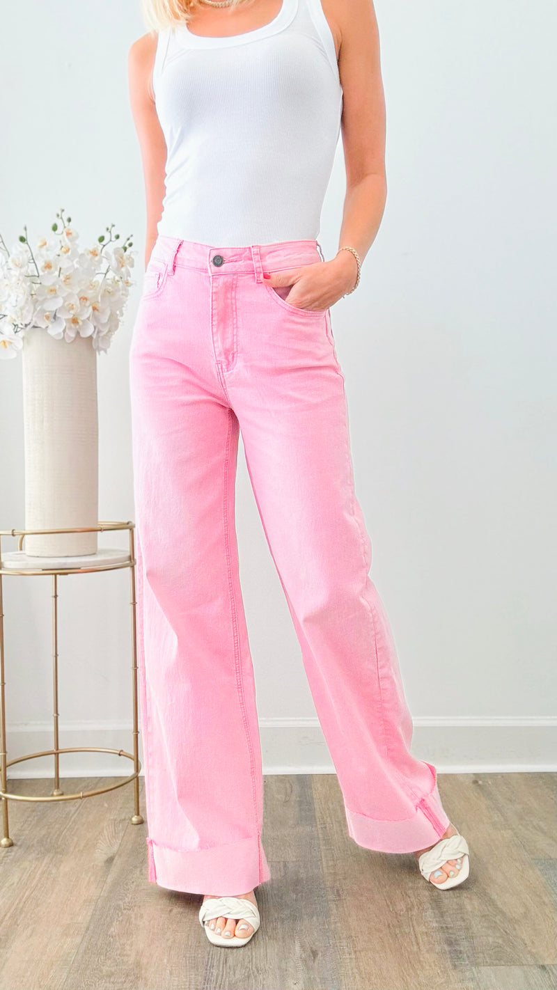 90S Stretch Cuffed Hem High Rise Straight Jeans - Hot Rose-170 Bottoms-Anniewear-Coastal Bloom Boutique, find the trendiest versions of the popular styles and looks Located in Indialantic, FL