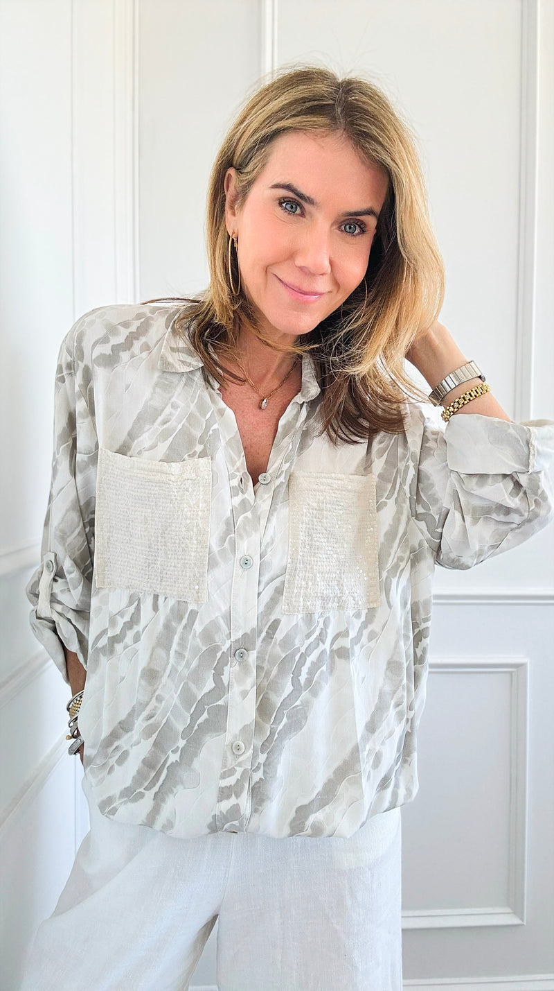 Chic Sequins Pockets Italian Blouse-130 Long Sleeve Tops-UM-Coastal Bloom Boutique, find the trendiest versions of the popular styles and looks Located in Indialantic, FL