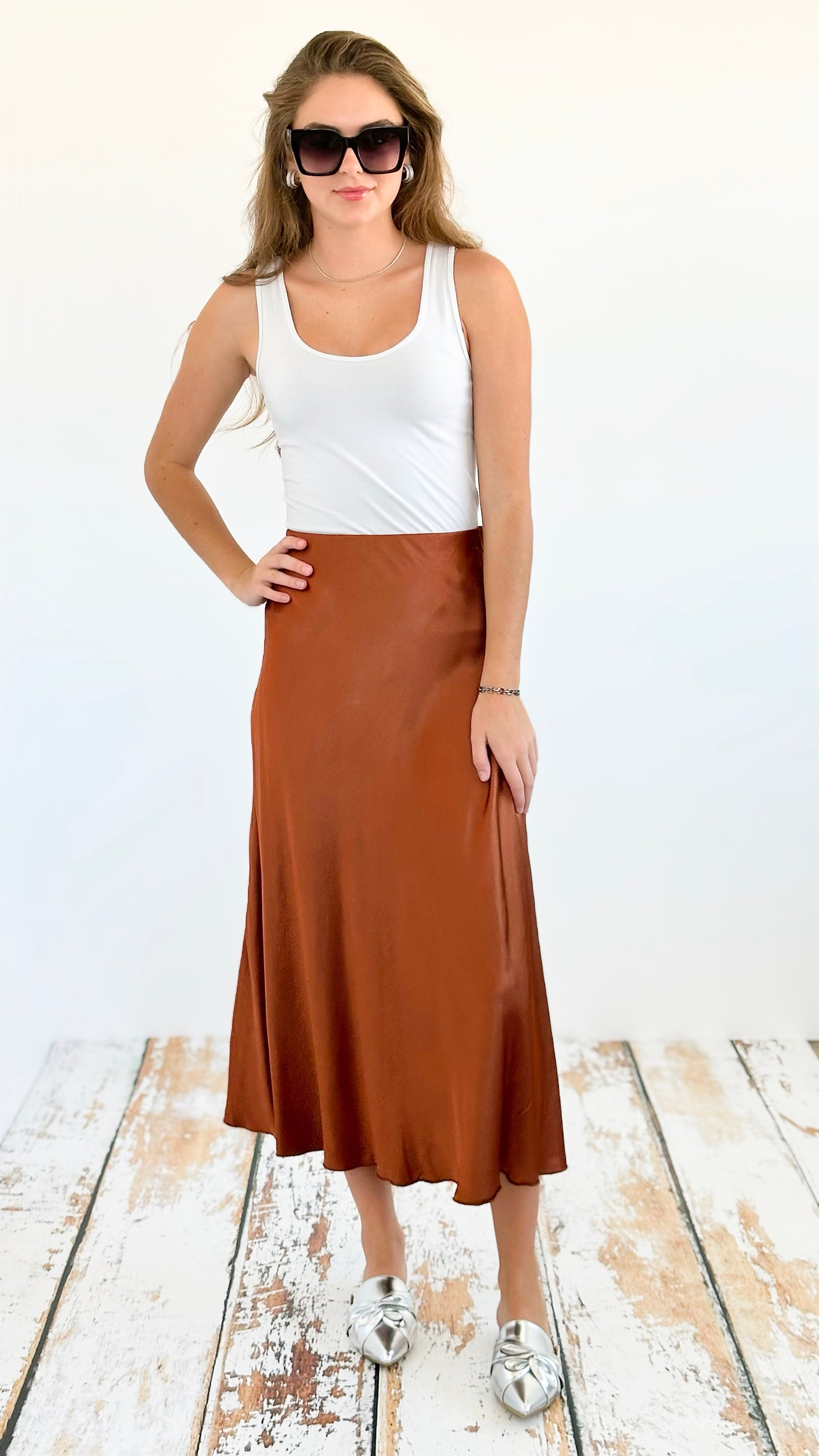 Brooklyn Italian Satin Midi Skirt - Tobacco-170 Bottoms-Italianissimo-Coastal Bloom Boutique, find the trendiest versions of the popular styles and looks Located in Indialantic, FL